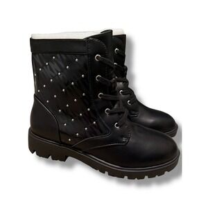 DKNY Stassi Miley Studded Logo Combat Boots Black Lace Up Side Zip Size 4